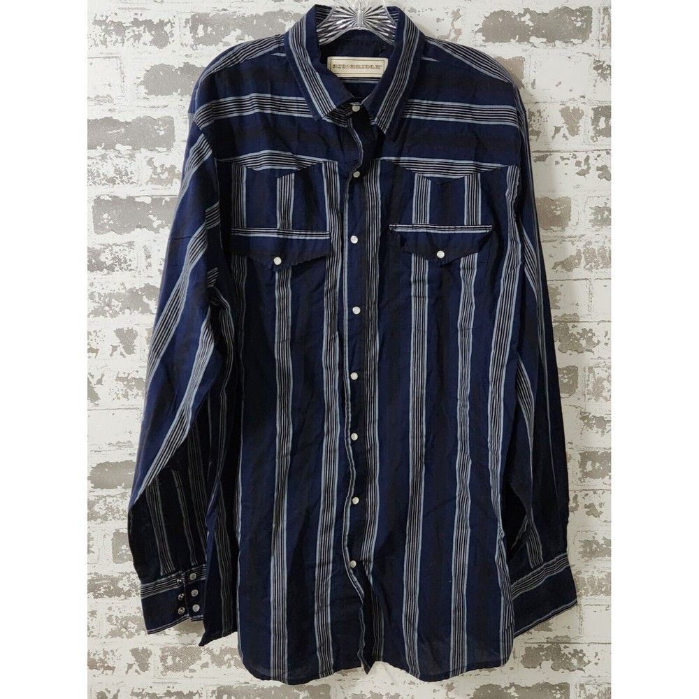 Bit And Bridle Men's XLT Striped Blues Button Up Shirt Pearl Snaps WESTERN
